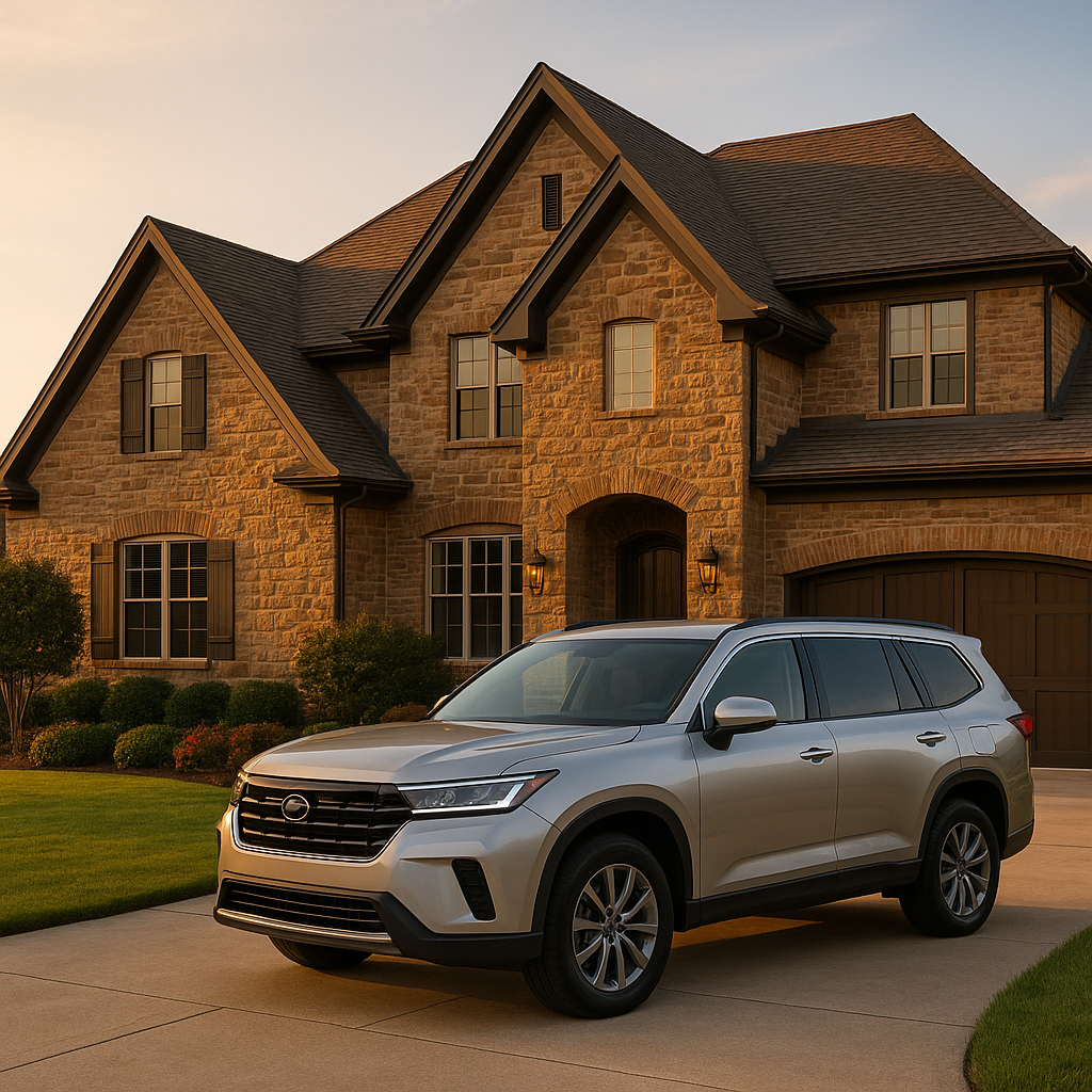 Upscale stone home with SUV representing personal insurance coverage