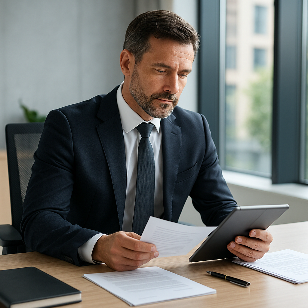 Small business owner reviewing documents in a professional office