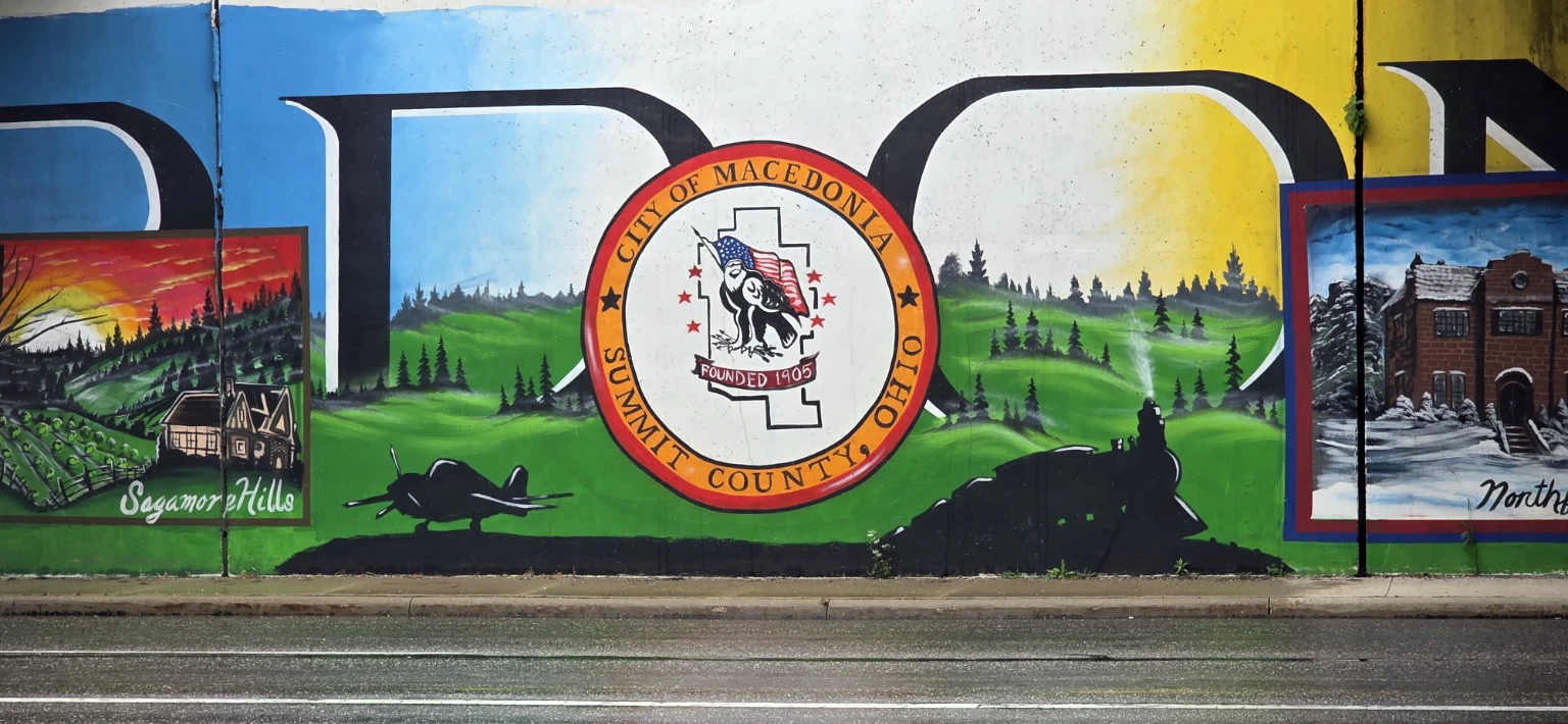 Macedonia city name and community mural artwork