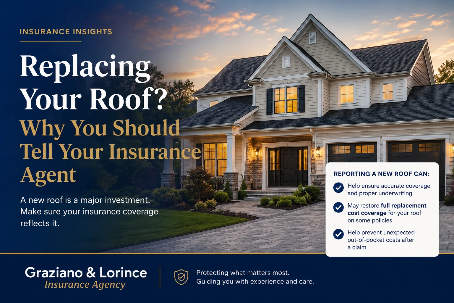 Home with a recently replaced roof illustrating why homeowners should tell their insurance agent after a roof replacement