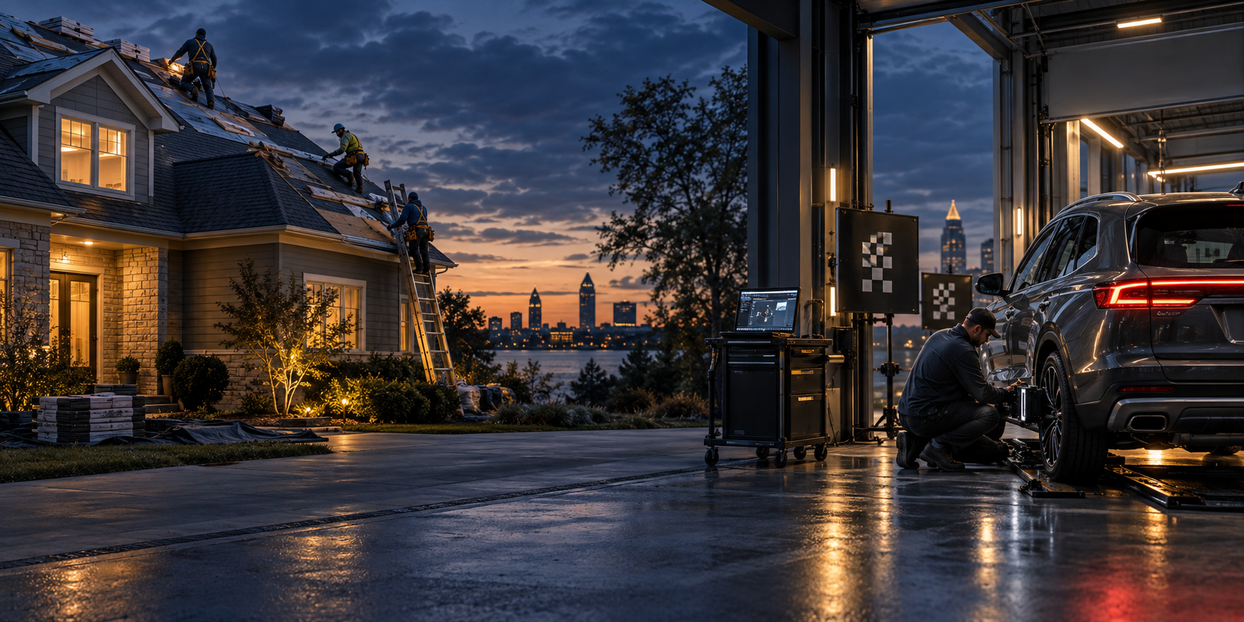 Home roof and modern vehicle repairs representing rising insurance claim costs