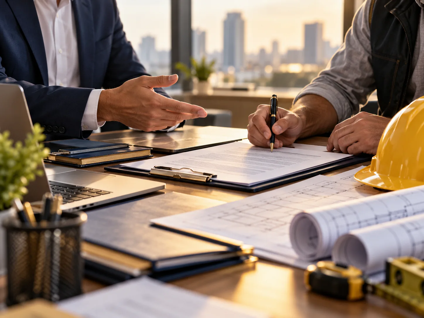 Business owner and contractor reviewing a professional services agreement and project plans