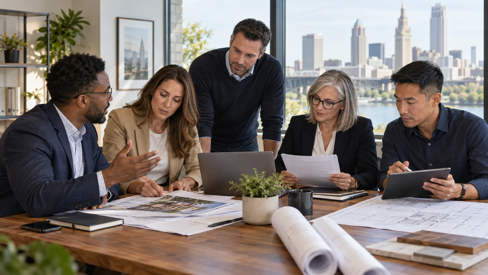 Consultants, real-estate, technology, financial, and design professionals collaborating around a table