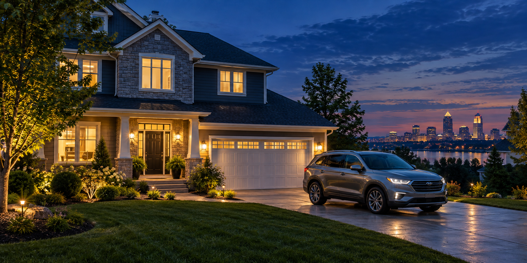 Ohio home and family vehicle at dusk representing home and auto insurance options