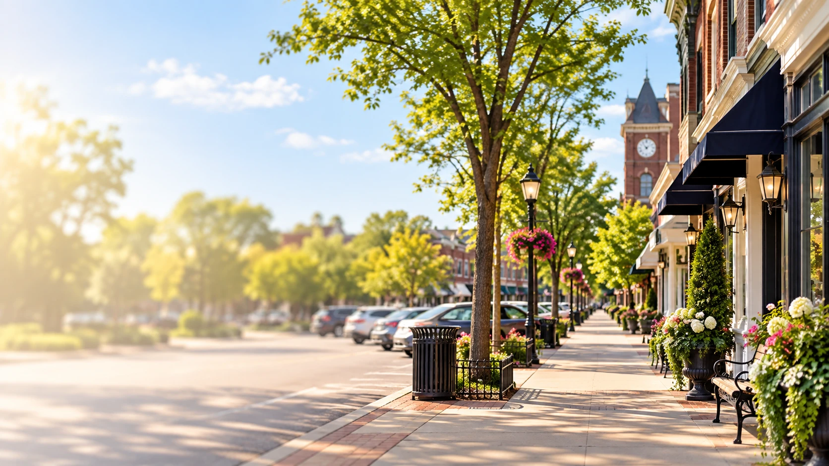 Historic downtown Hudson streetscape with local shops and clock tower