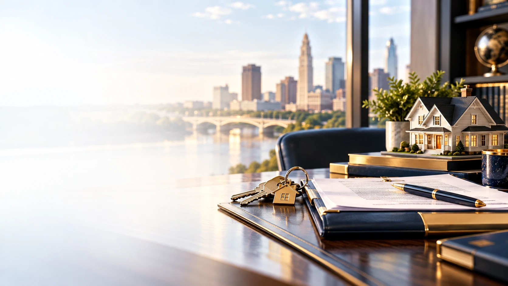 Insurance documents, house keys and a model home overlooking an Ohio city skyline